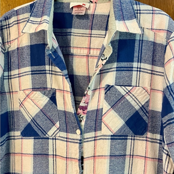 Pink K plaid flannel button up tunic M - Picture 2 of 6